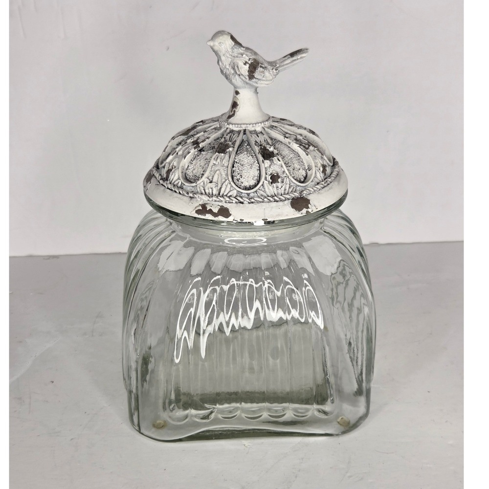 Ribbed Clear Glass Canister With White‎ Song Bird Chippy Paint Lid Cookie Jar